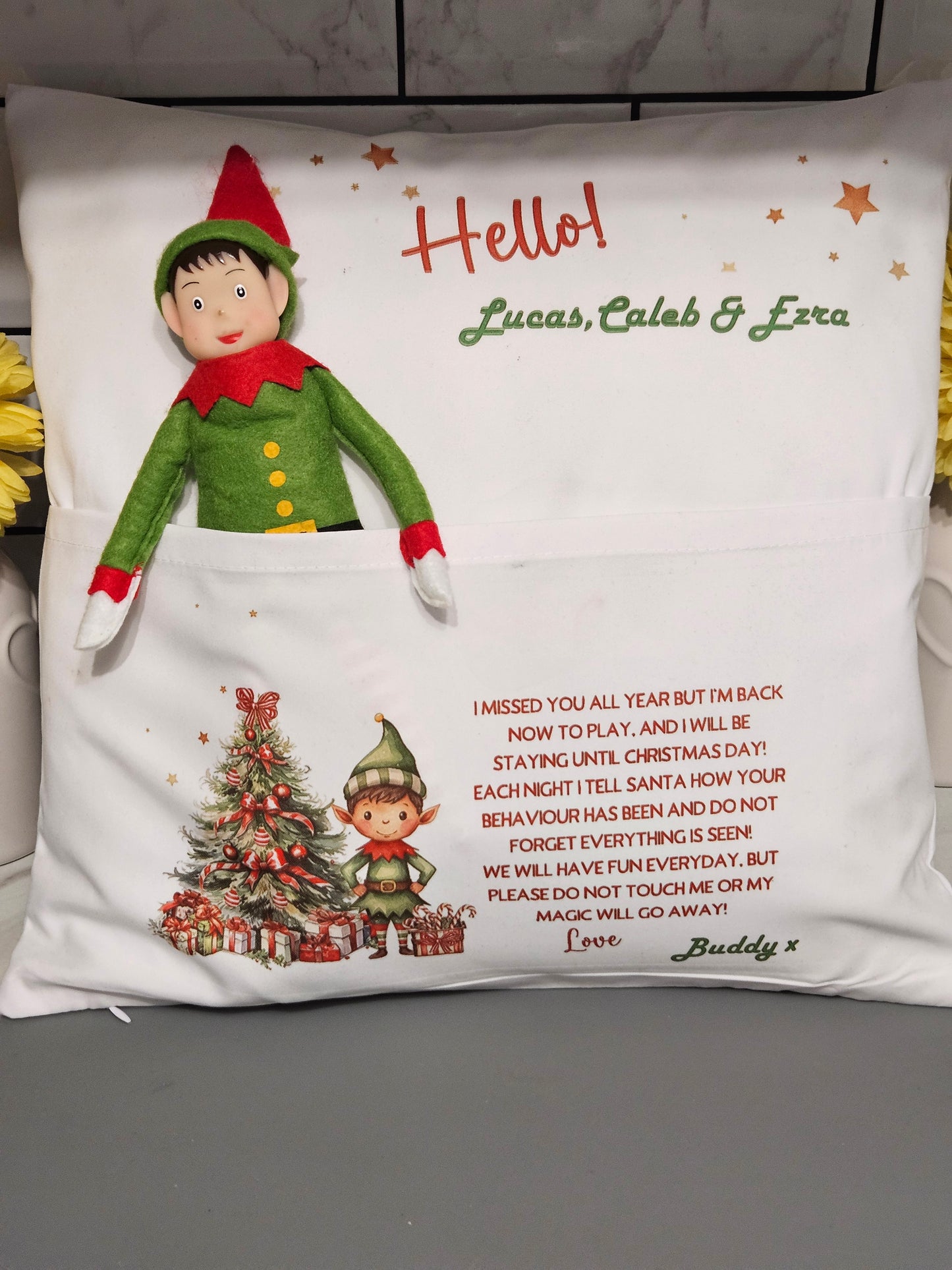 Personalised Elf Return Pillow.